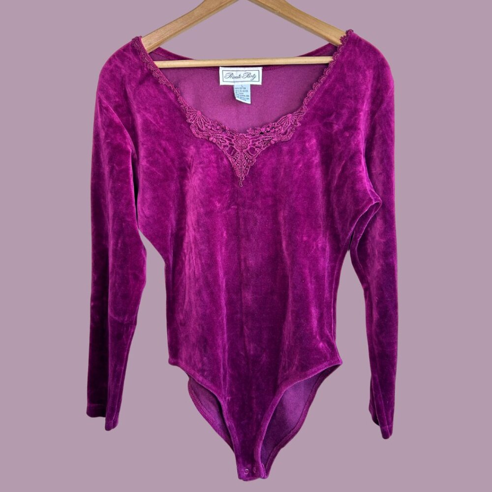 Vintage 90s Private Party Velour Burgundy with Appliqué BodySuit Color: Burgundy